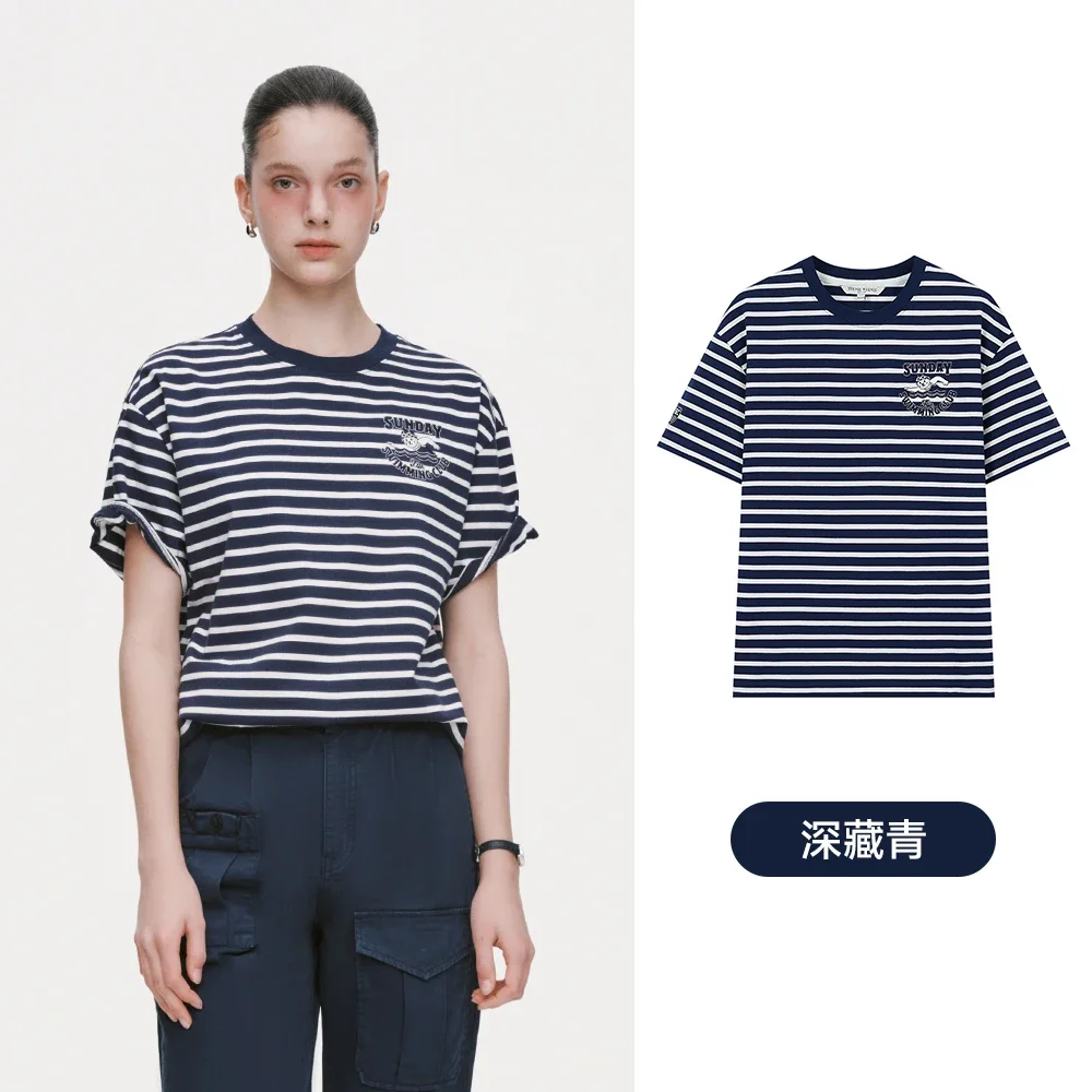 

Cotton Loose Tee For Women Letter Embroidery Oversize Teens T-Shirt Dark Blue Striped Preppy Pulls Sweatshirt Clothing