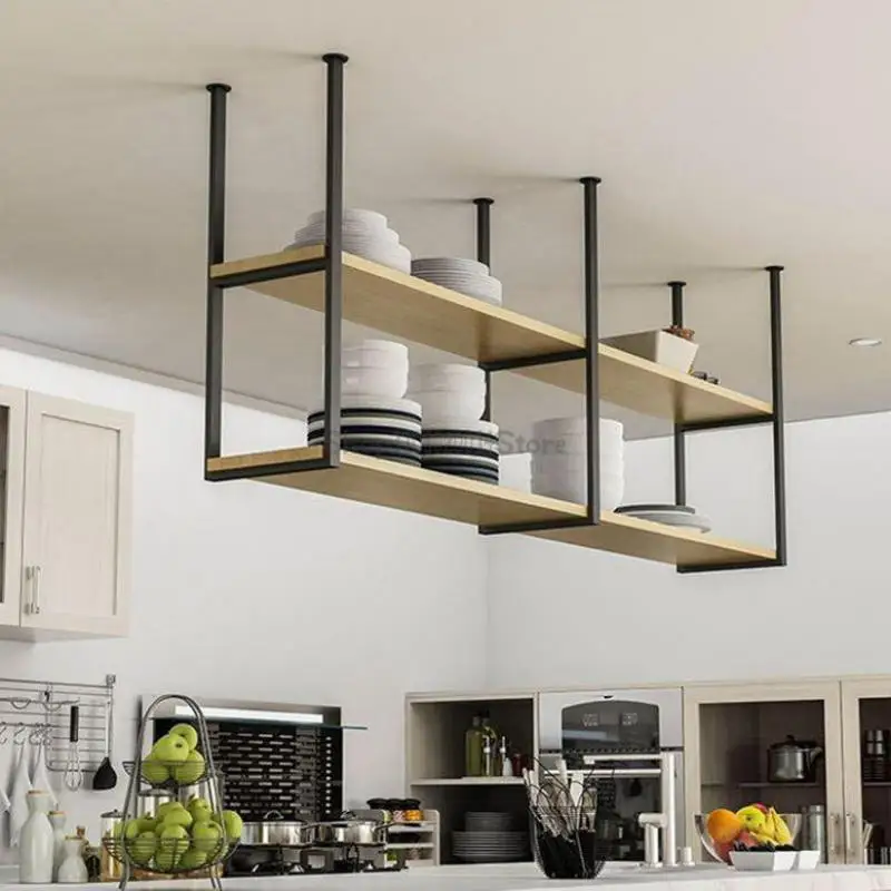 Nordic Solid Wood Kitchen Bar Hanging Rack Storage Rack Restaurant Iron Hanging Cabinet Metal Ceiling Wine