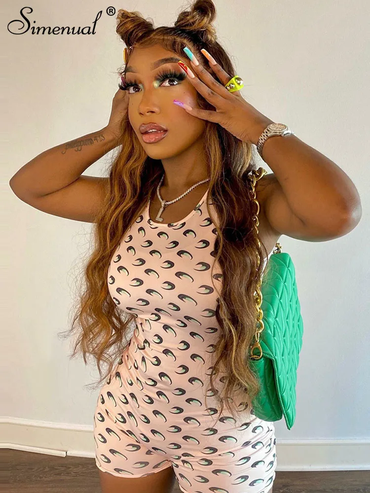

Simenual Fashion Printed Bodysuit Women 2022 Summer Sleeveless Round Collar Slim Slinky Rompers Fitness Going Out Wear Playsuit
