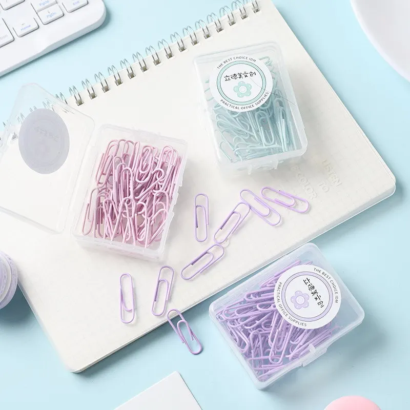 Paper Clips MOHAMM 20/50 PCS Macaron Colored Metal Paper Clips Box For Photo Album File Information Office School Supplies