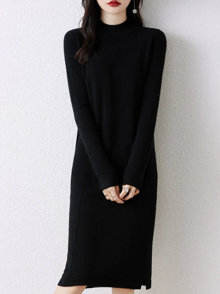 Women's Cashmere Sweater Dress, 100 Pure Wool, Long, Semi-Turtle Neck, Skirt, Loose, Autumn, Winter 4