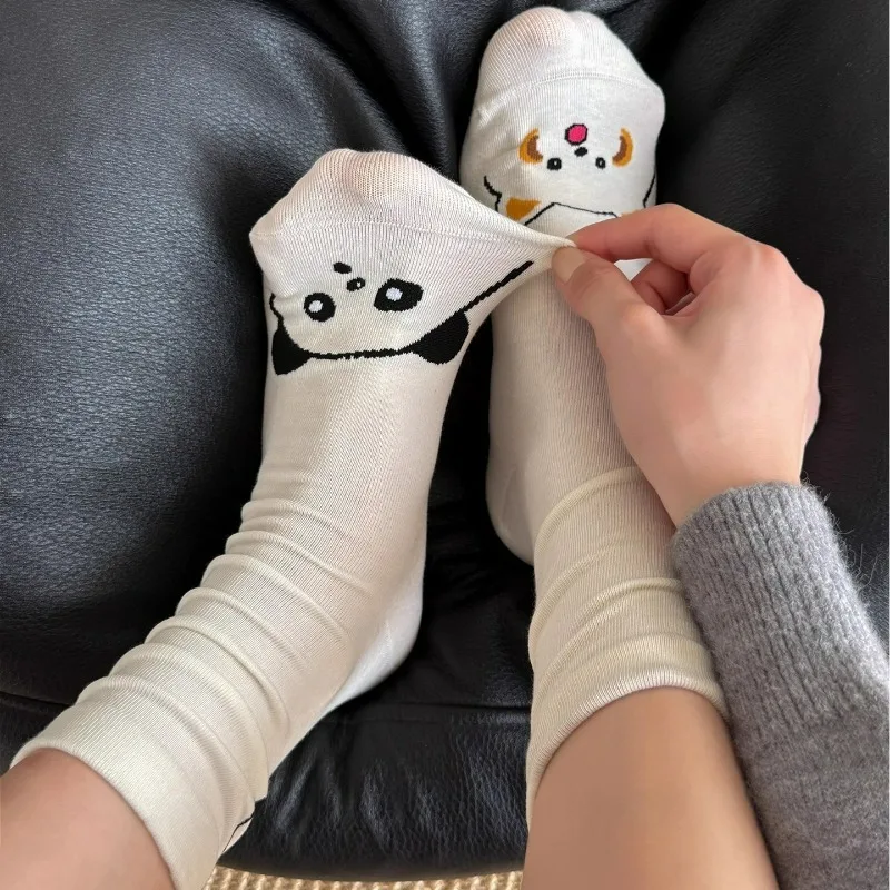 4pairs Cute Cartoon Raccoon Printed Mid Tube Cotton Socks Autumn Winter Kawaii White Socks Breathable Soft Casual Fashion Sock