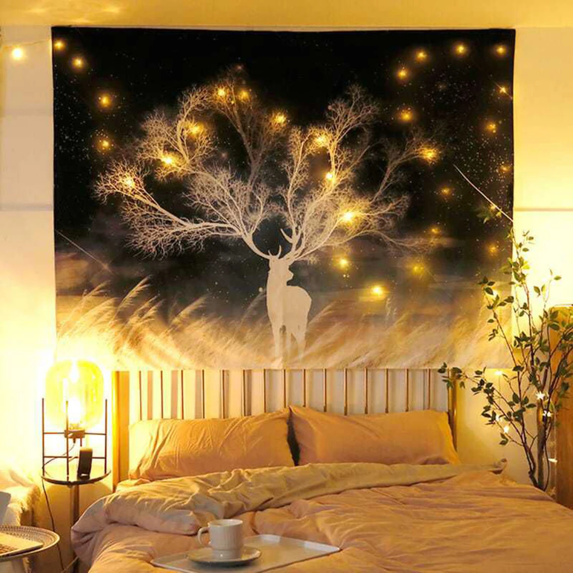 

Tapestry With Star Light String ,Wall Decoration INS Deer Background Hanging Cloth,Bedroom Luminous Decorations Wall Tapestry