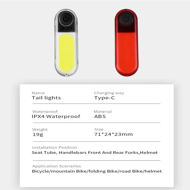 1 Pair Bicycle Front Rear Lights COB High Bright Bike Headlight Taillight USB Re