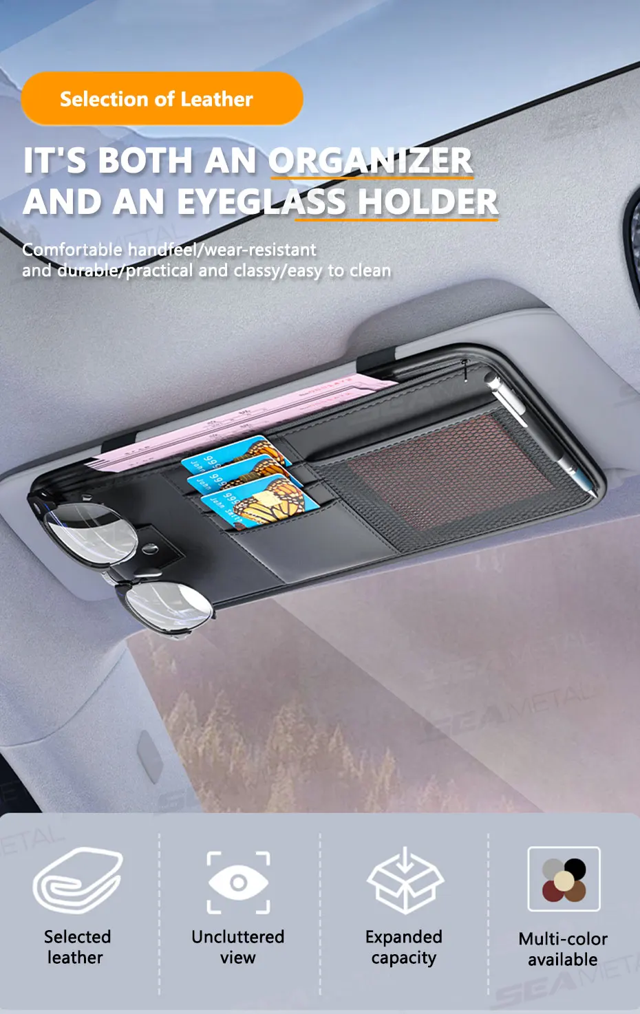 SEAMETAL Auto-Sonnenblenden-Aufbewahrungsbox, Innenraum-Organizer für Sonnenbrillen und Karten, Multifunktionale Sonnenschutz-Organizer-Tasche – Detail 1