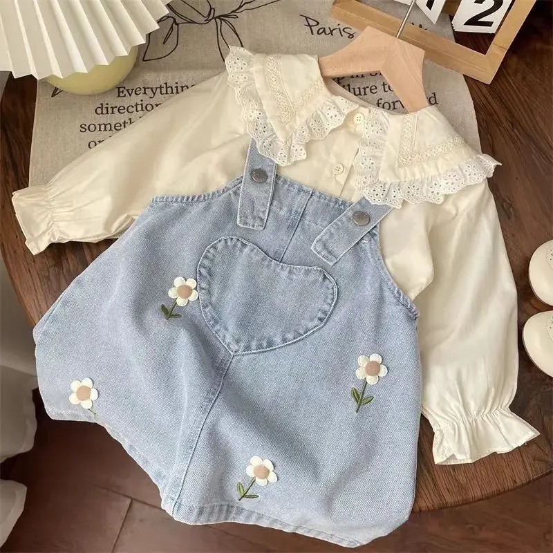 Girls Spring Lace Shirt and Floral Overalls Kids Thin Outfit