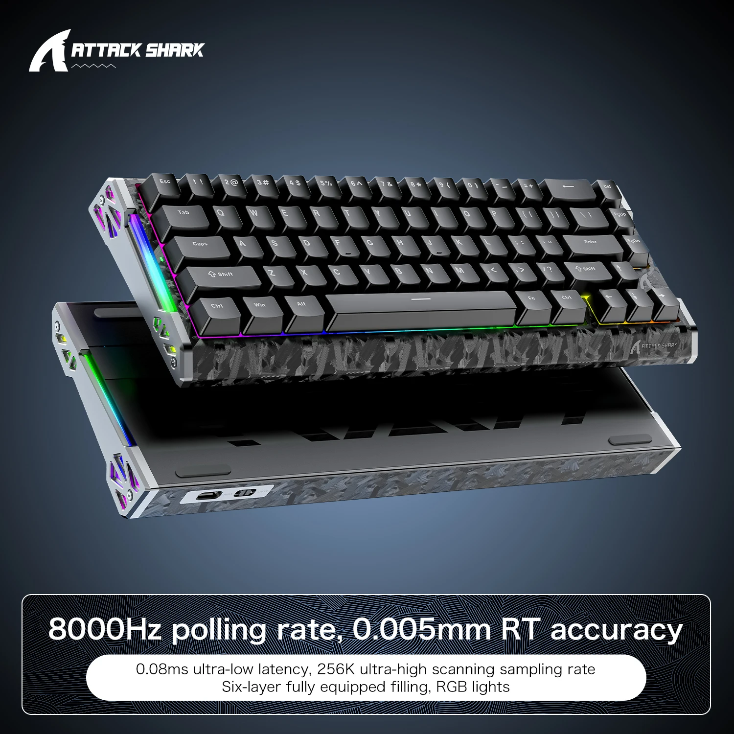 어택 샤크 R68 HE 8000Hz 카본 파이버 레피드 트리거 게이밍 키보드, 60% RGB 홀 이펙트 유선 마그네틱 키보드, CNC 알루미늄