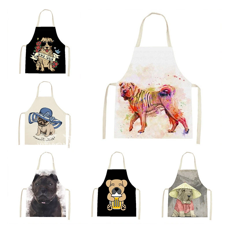 

Cute Dog Pug Printed Apron Cotton Linen Sleeveless Pattern Oil Painting Abstraction Home Cooking Waterproof Kitchen Decoration