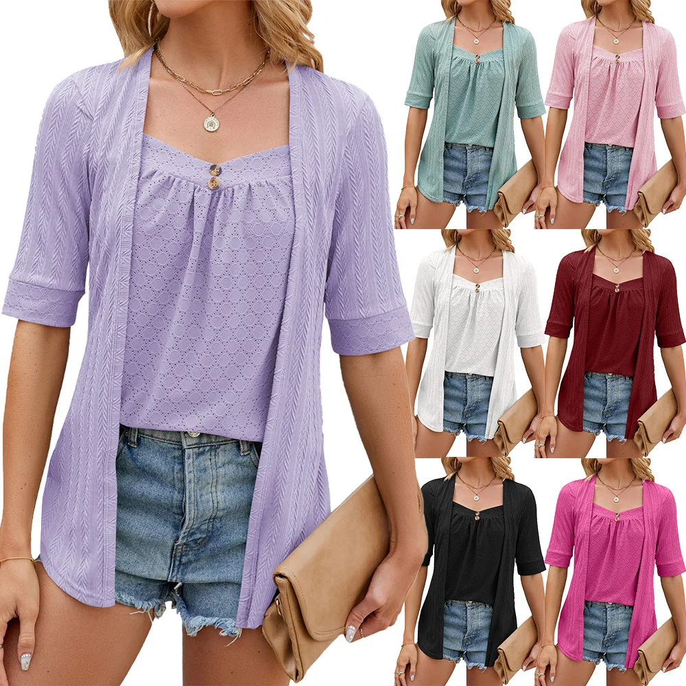 Spring/Summer Leisure Solid Color Square Neck Panel Button Middle Sleeve T-shirt for Women