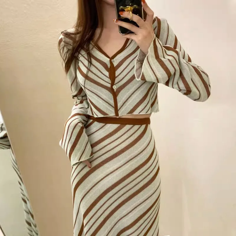 

Women's V-Neck Knitted Cardigan Tops Slim Stripe Tops Long Skirt Elegant Suits Autumn Fashion New 2 Pcs Set 2023