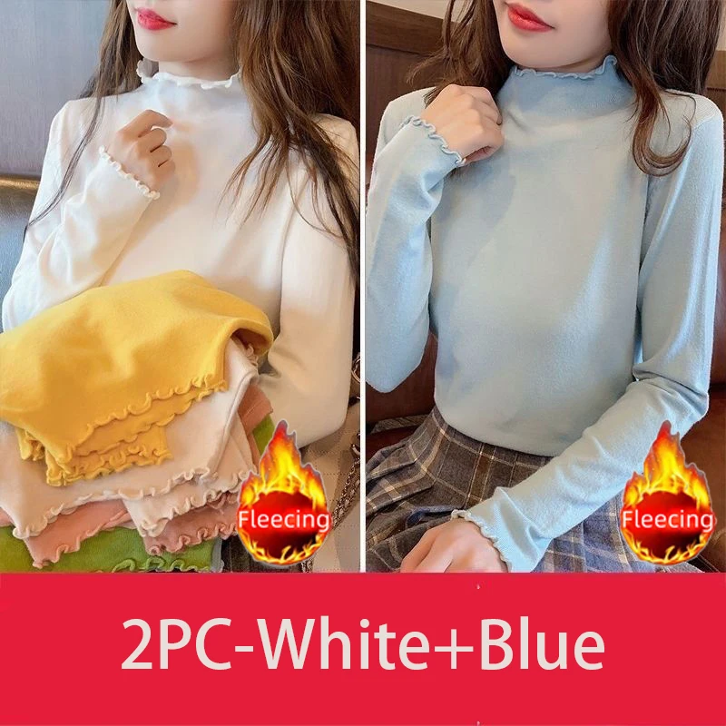 Autumn Winter Warm Fleecing Slimming Sweet Basic TuntleNeck Edible Underwear Long sleeve Top Women's T-shirt & Blouses Trend2024