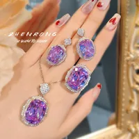 Sparkling High Carbon Diamond Platinum Plating Wedding Jewelry Sets for Women Luxury Princess Cut Amethyst Ring Earring Necklace
