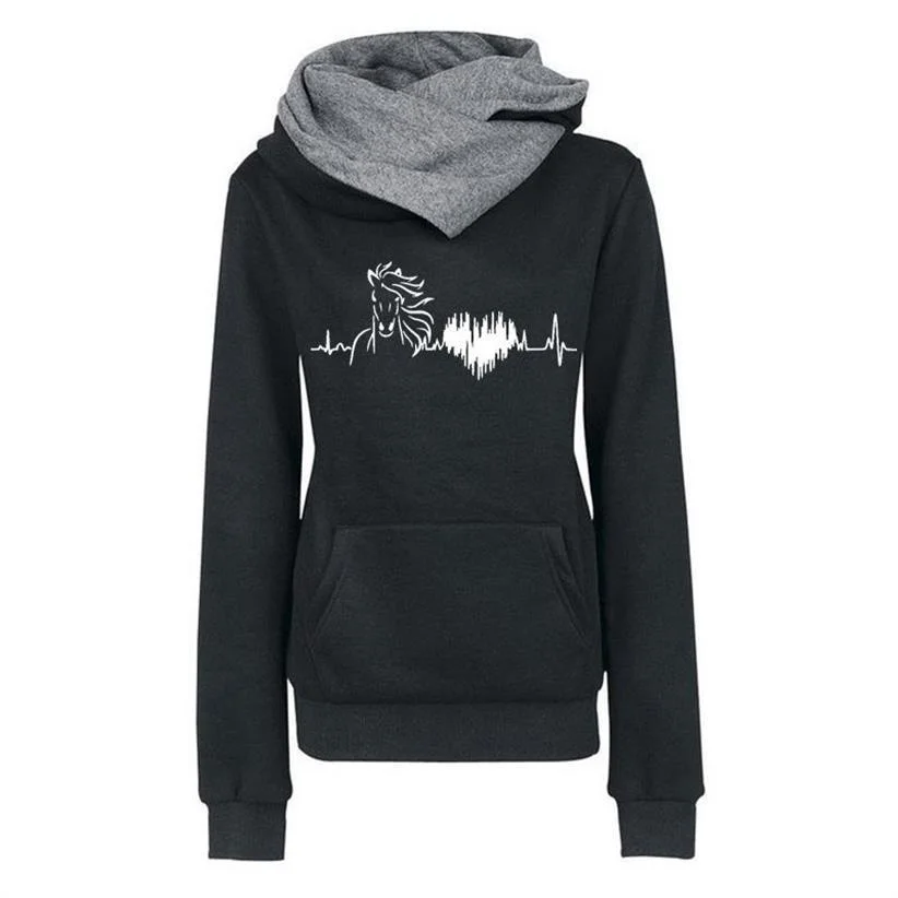 Women Hoodies Horse Heartbeat Autumn And Winter Sweatshirts Long Sleeve Pullover Bicolor Hoodies Turn-down Collar Sweatshirts