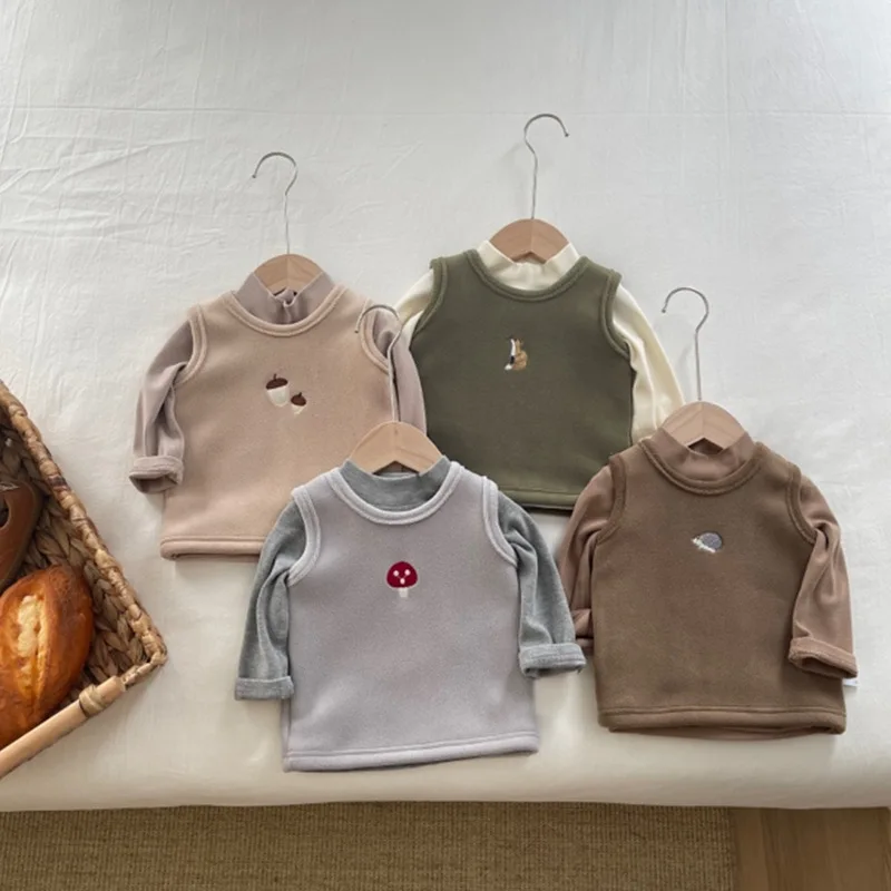 Baby Waistcoat Baby Velvet Autumn Jacket Boy Girls Sleeveless Vest Kids Soft Embroidery Waistcoat Newborn Warm Pullover Cartoon Solid Coat 0-3Y