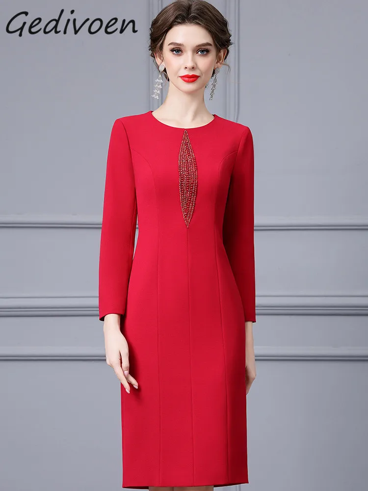

Женское модельное платье Gedivoen, Осеннее красное роскошное платье с круглым вырезом и длинным рукавом, облегающее ТРАПЕЦИЕВИДНОЕ ПЛАТЬЕ средней длины с бисером и высокой талией
