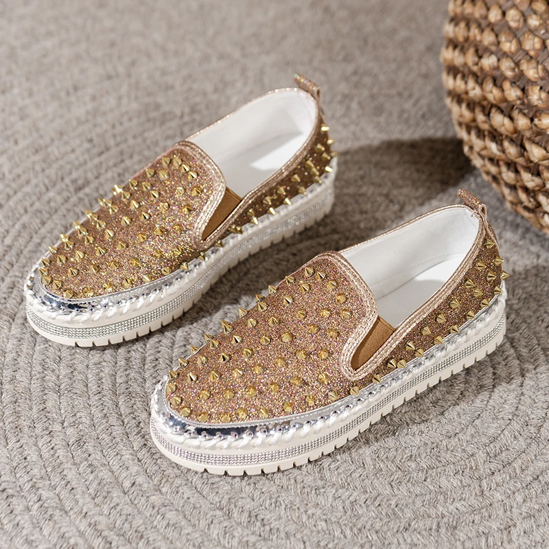 

Women's Rivet Rhinestone Sneakers, Women's Thick-soled Flat Shoes, Casual Shoes, Autumn and Winter Loafers, Women's Large Size44