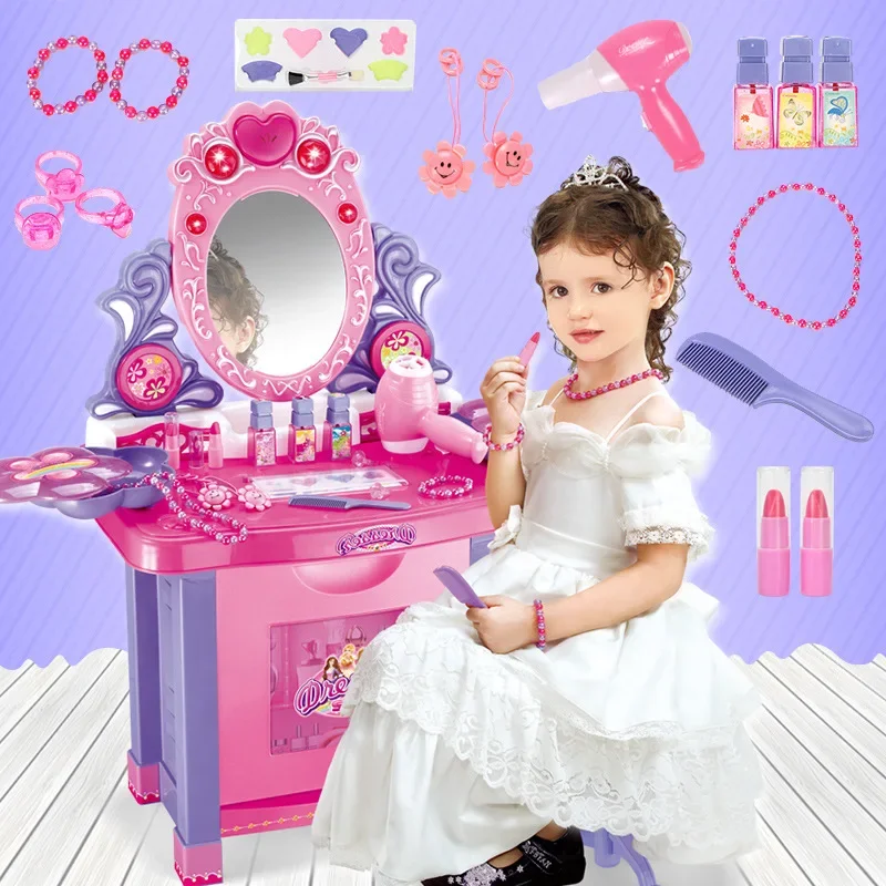 70cm High Quality music Kids Cosmetics Dressing table ring lipstick nail comb hair dryer Play house Interactive Toy baby gift 2