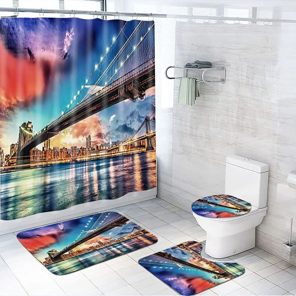 Města západ slunce skyscrapers slavný město památka výhled sprcha záclona sada kobereček koupelna rohože nový york 3D budova most koupat záclony