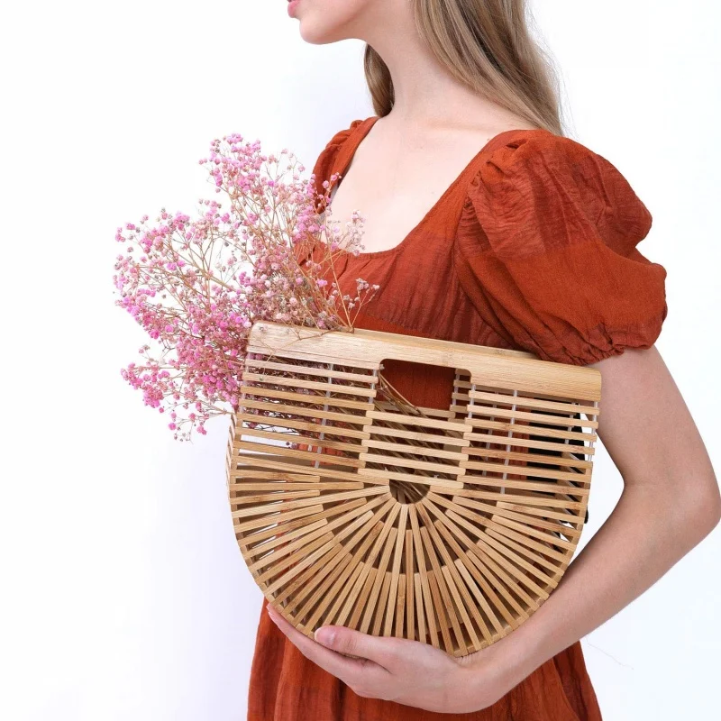 Semicircle Women Bamboo Bags Summer Fashion Luxury Handbag Hollow Bohemia Beach Bags Elegant Ladies Cosmetic Storage Basket 3