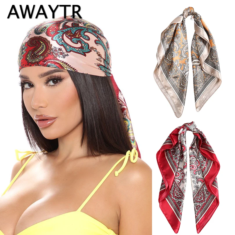 AWAYTR Fashion Square Silk Scarf Women Headband 60*60cm Print Neck Scarfs Office Hair Band Hand Kerchief Female Bandana Headwear highend quality women s 100% real chinchilla fur knitted scarf girls scarves lady wraps scarfs natural color extrmely soft