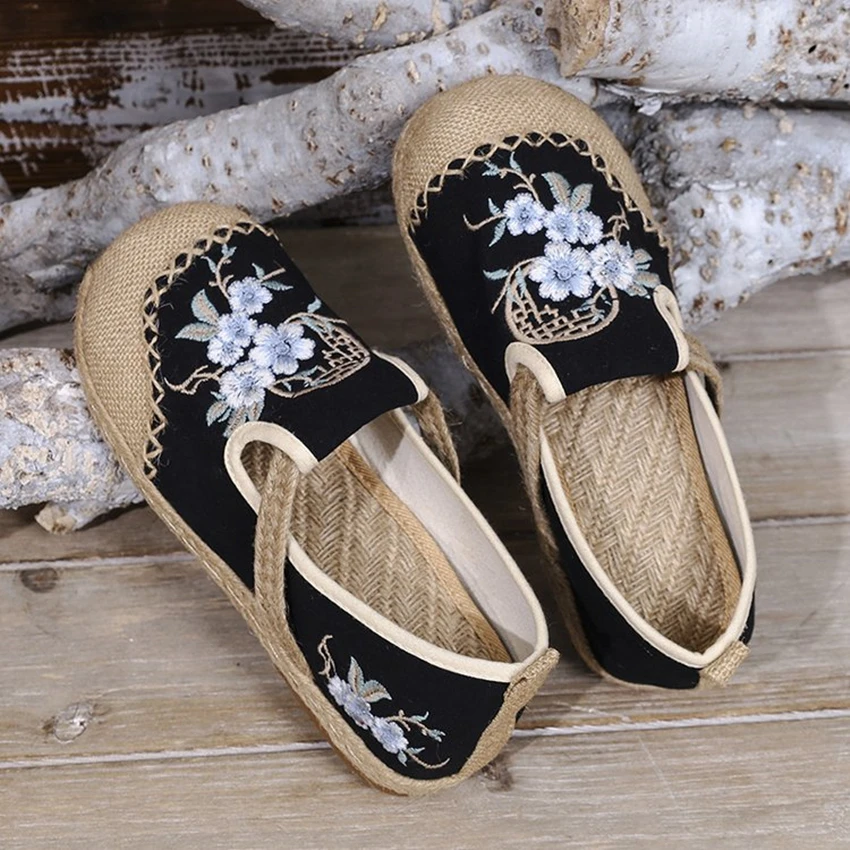 Flats Women Shoes Embroider Retro Lace-up Round Toe Cotton Linen New Handmade Concise Comfortable Ladies Shoes Spring and Summer