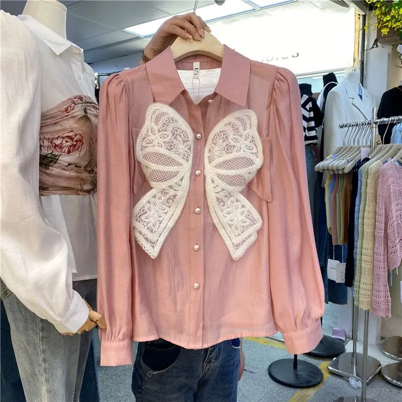 

Women's lace bow design feeling niche shirt top