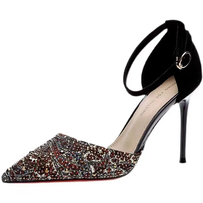 sexy thin high heels summer women's pump fashion ankle buckle pumps casual pointed toe shallow shoes rhinestone lady party shoes