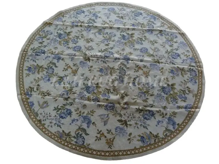 

Free shipping 8'X8' Round Handmade Floral Blue Roses Wool Needlepoint Area Rug New Store Openning