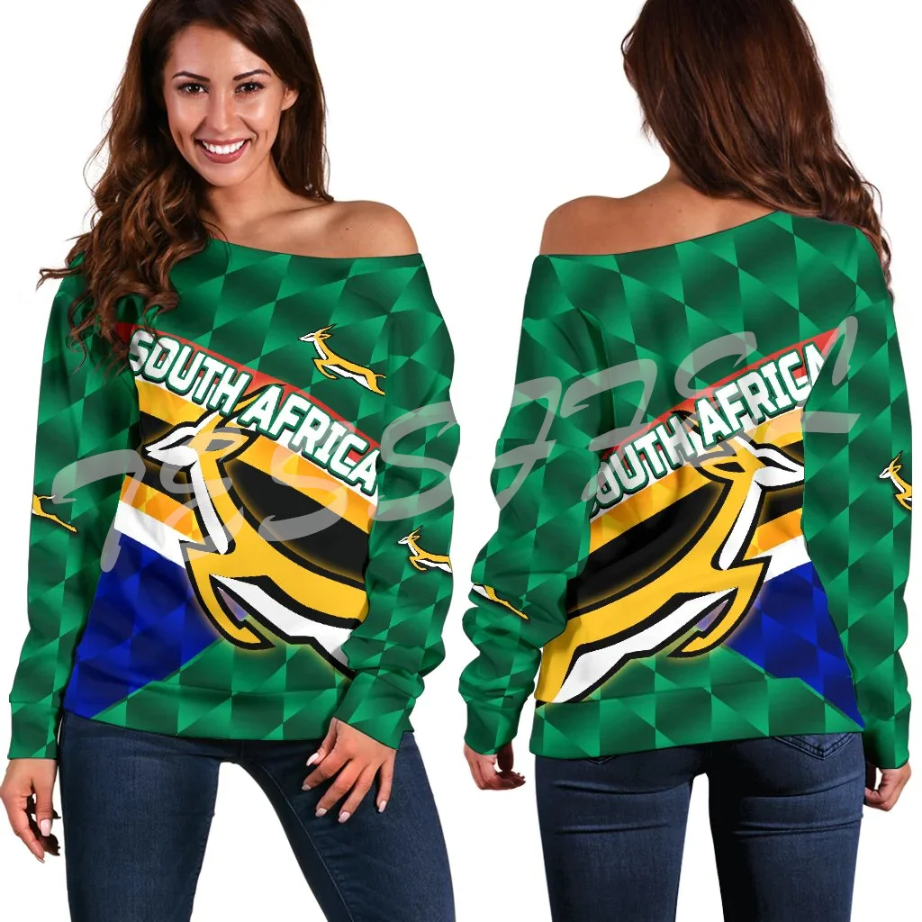 South Africa Country Flag Tattoo Tribe Retro Vintage Off Shoulder Sweatshirts Long Sleeves 3DPrint Harajuku Women Funny Casual J