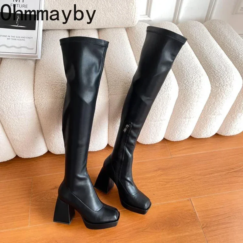 Winter Over The Knee High Boots Fashion Side Zippers Square High Heel Long Boots Ladies Elegant Mordern