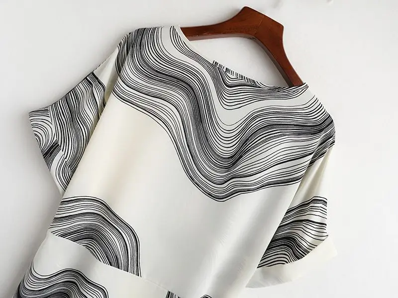 Schwarzer Wirbel gestreifter Druck Vintage Chiffon O-Ausschnitt Kurzarm Schnürung Frauen Bluse Hemd weibliche Tops Frau Kleidung Mode – Detail 13