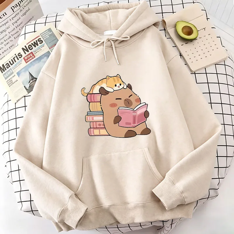 Cat and Capybara Reading Cozy Hoodie - Casual Harajuku Sweatshirt