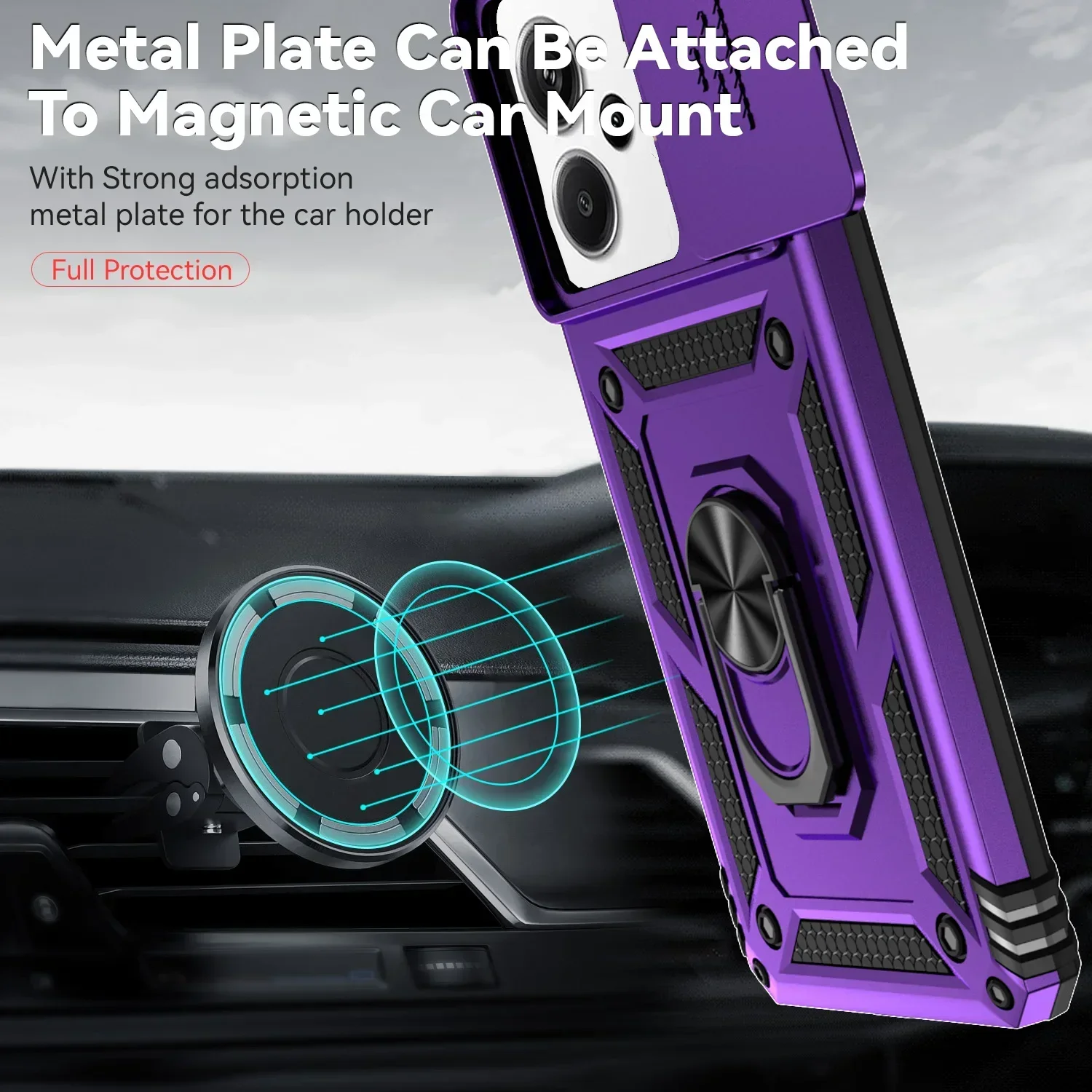 Shockproof Magnetic Case with Slide Camera Lens and Ring Stand