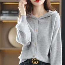 

2022 New Korean Version Fashion Pure Wool Knitted Women's Buttoned Hooded Cardigan With Casual Loose Solid Color