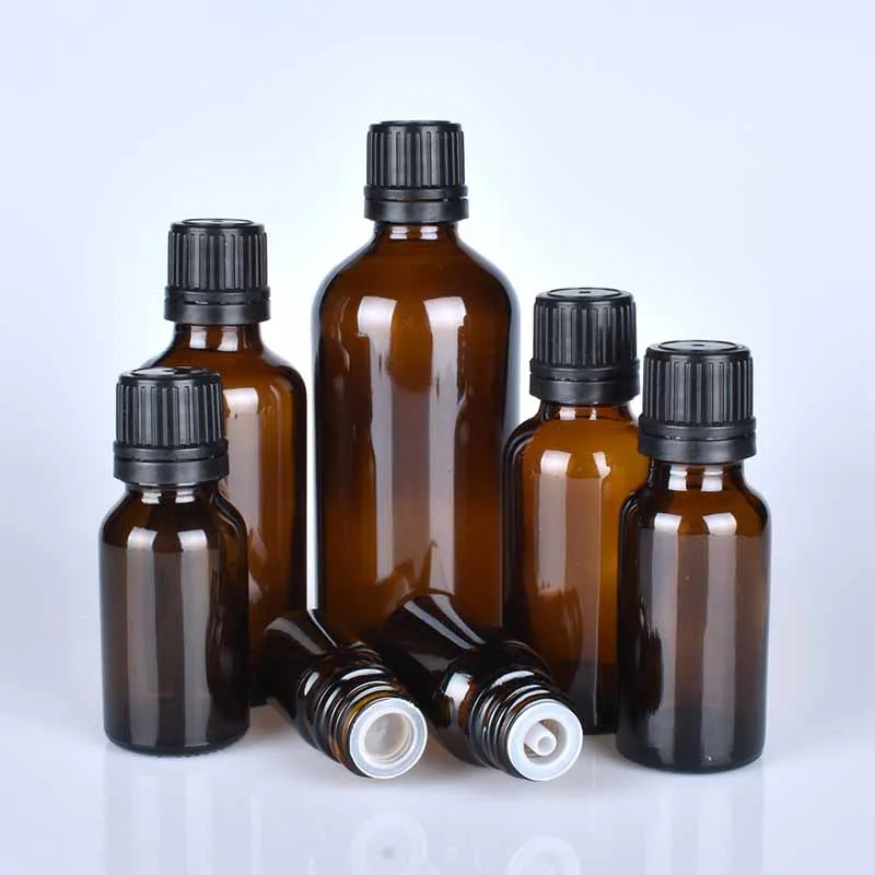 12pcs/Lot 5 10 15 20 30 50 100mL Empty Brown Amber Boston Round Glass Essential Oil Bottle Orifice Reducer Tamper Evident Cap