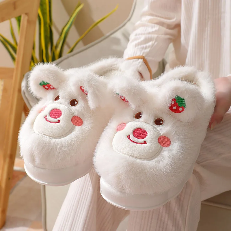 

Bear Strawberry Cotton Shoes 2024 Winter New Furry Indoor Slippers Autumn Winter Thick Sole EVA Cotton Slippers Women Keep WarmD