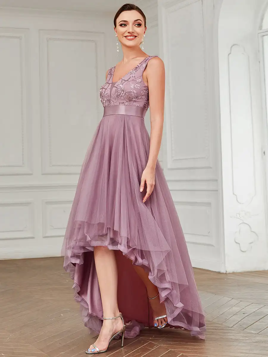 

Gorgeous Evening Dresses High-Low Deep V Neck Tulle Sequin Appliques 2024 BAZIIINGAAA of Sequin Lace Orchid Bridesmaid dress