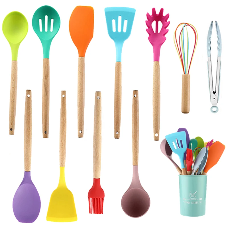 

12Pcs/lot Silicone Cooking Utensil Set Wooden Handle Spatula Soup Spoon Brush Kitchen Ware Accessories Tools Non-stick