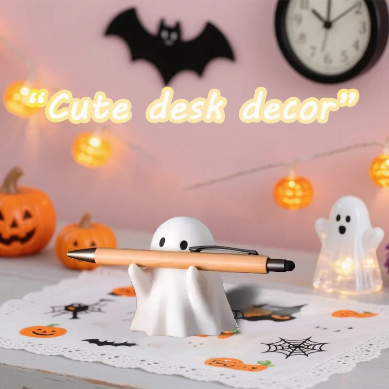 Halloween Ghost Pen Holder Cute Little Ghost Statue Design Pencil Support For Home Office Desktop Decoration