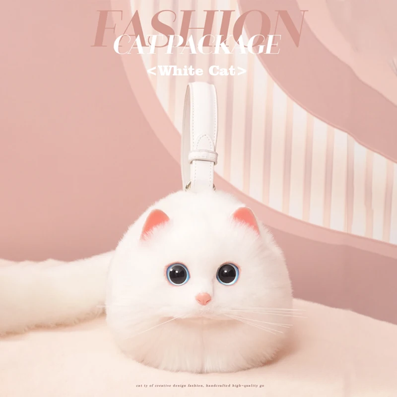 Mode Dames Witte Kattenvormige Handtassen Schattige Kawaii Faux Bont Crossbody Tassen Portemonnee Pluche Ketting Schoudertas Dames Handtas