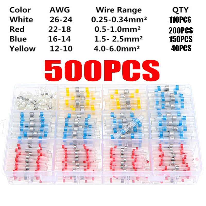 

500Pcs Heat Shrink Butt Crimp Terminals Waterproof Solder Seal Electrical Connectors Wire Cable Splice Kit Automotive Marine