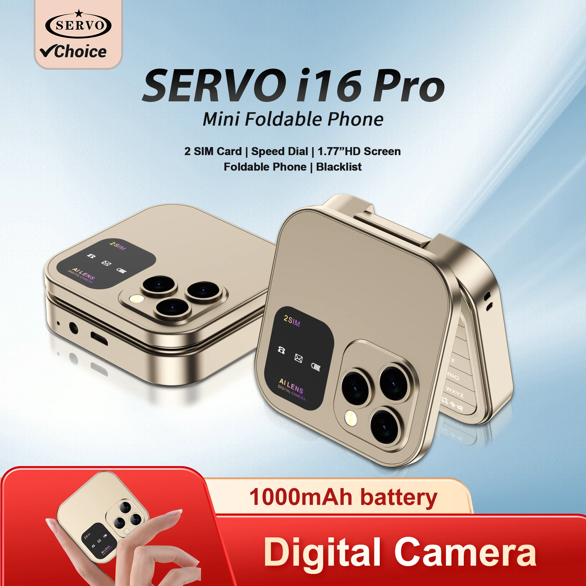 SERVO i16PRO 2G GSM Dual SIM Flip Mini Mobile Phone Auto Call Record Speed Dial Magic Voice FM Radio Small Fold Telephone Type-C
