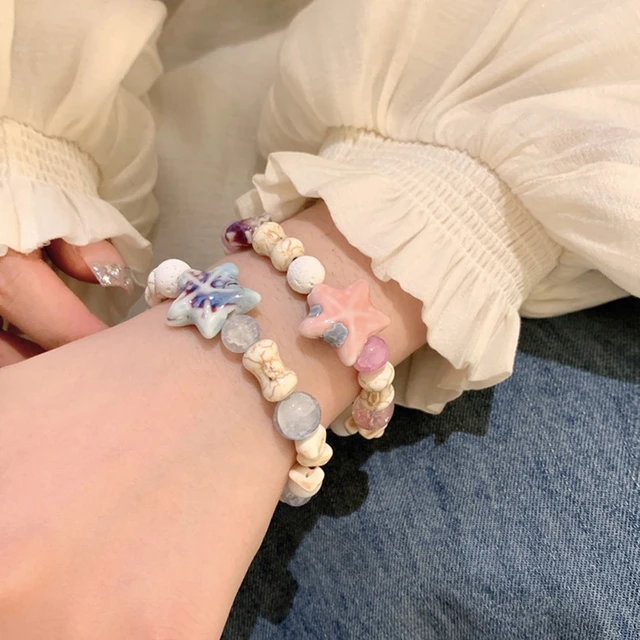 Bracelet perlé en céramique étoile de mer pour femme, rose, bleu