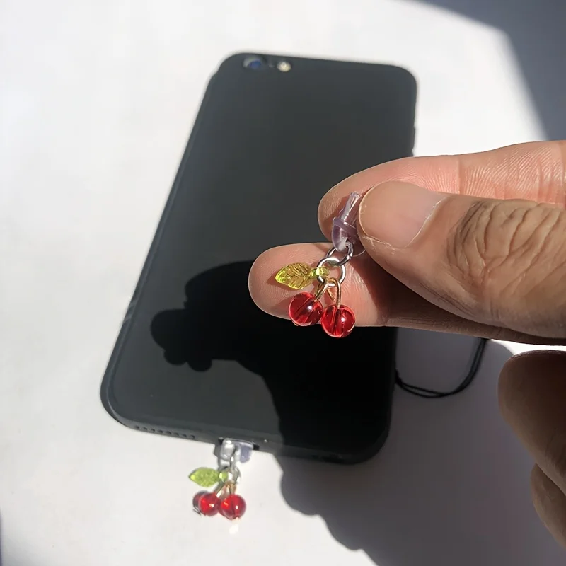 Charming Red Cherry Dust Plug with Lanyard - Delightful Phone Accessory