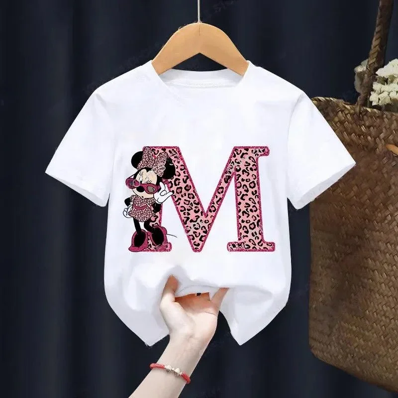 

Minnie Children Cotton T-Shirts Letter A-Z Name Combination Disney Kawaii Cartoons Clothes Kids Little Boy Girl Tee Shirts