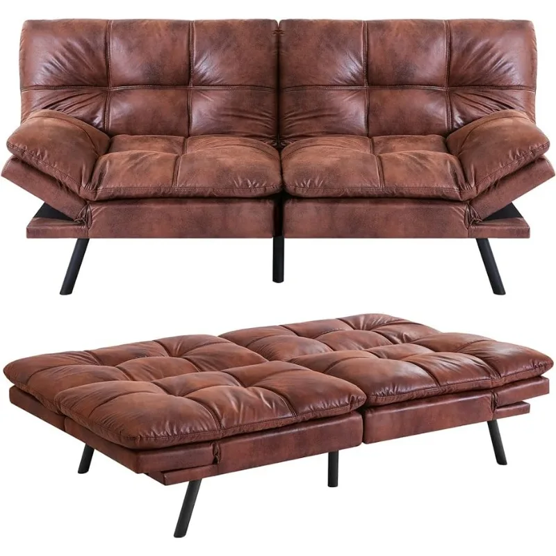 

Brown Memory Foam Futon Couch Bed, Modern Folding Sleeper Sofa with Quick Adjustable Armrest and Backrest for Studio Apartment