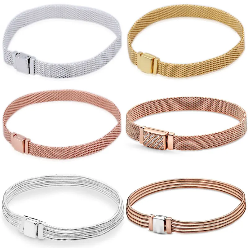 Pulsera De Malla Tejida De Oro Rosa, Brazalete De Plata De Ley 925 Con Cierre Largo, C Abalorios Originales De Pandora