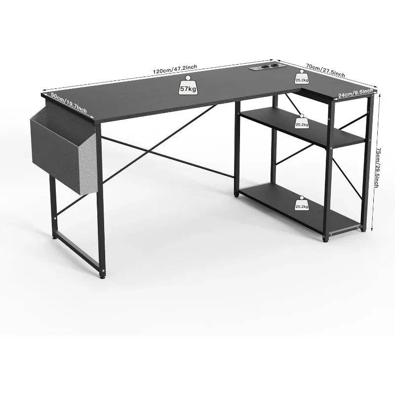 

L Shaped Computer Desk with Power Outlets, 47 Inch Small Corner Desk with Reversible Shelves, Gaming Desk Computer Table Study