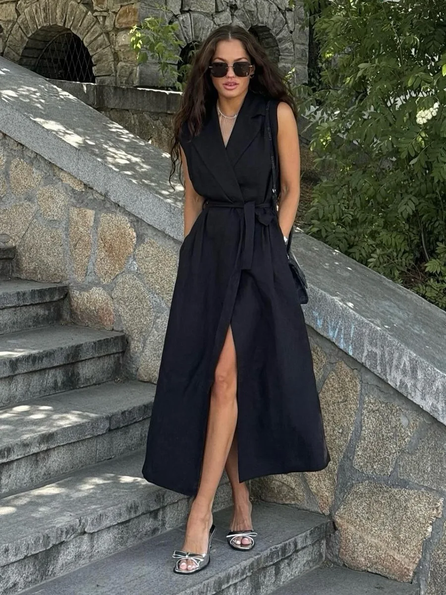 Bornladies 2026 Spring Summer New Women's  Sleeveless Shirt Dress Elegant Casual Collared Tie-Waist Fitted Maxi Dress