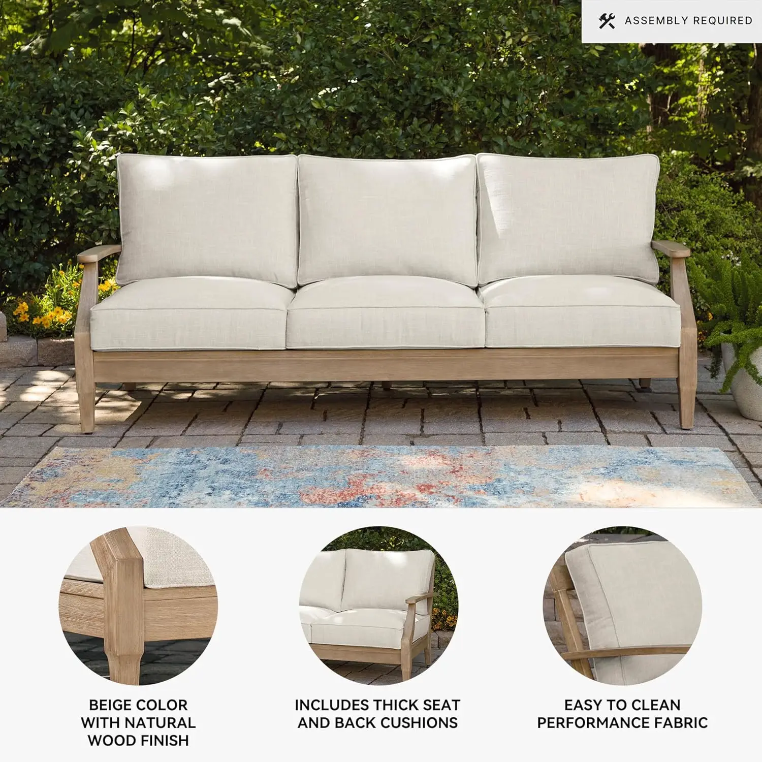 Carter Hall Outdoor Eucalyptus Wood Patio Sofa – Cushioned with UV-Resistant Nuvella Fabric, 5-Step Protective Finish, Beige